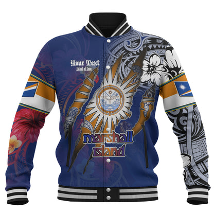 Marshall Islands Baseball Jacket Custom Marshallese Blood Inside Me Polynesian Sleeve Tattoo Tropical Blue
