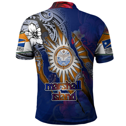 Marshall Islands Polo Shirt Custom Marshallese Blood Inside Me Polynesian Sleeve Tattoo Tropical Blue