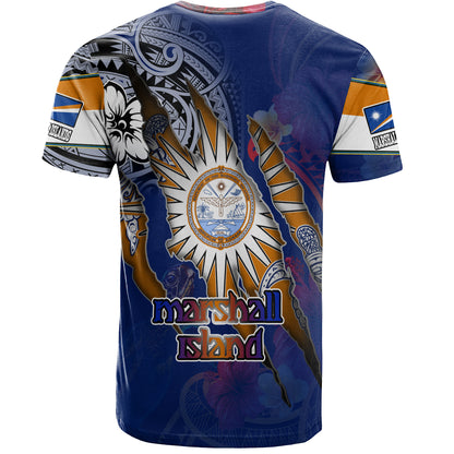 Marshall Islands T-Shirt Custom Marshallese Blood Inside Me Polynesian Sleeve Tattoo Tropical Blue