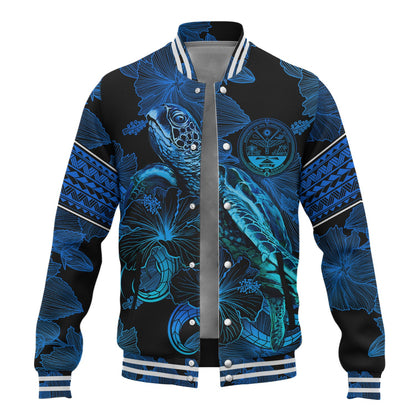 Marshall Islands Baseball Jacket Sea Turtle With Blooming Hibiscus Flowers Tribal Blue