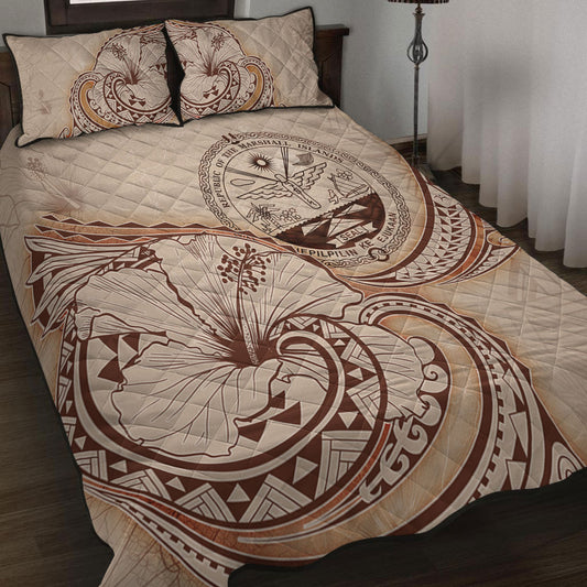 Marshall Islands Quilt Bed Set Hibiscus Flower Vintage Style