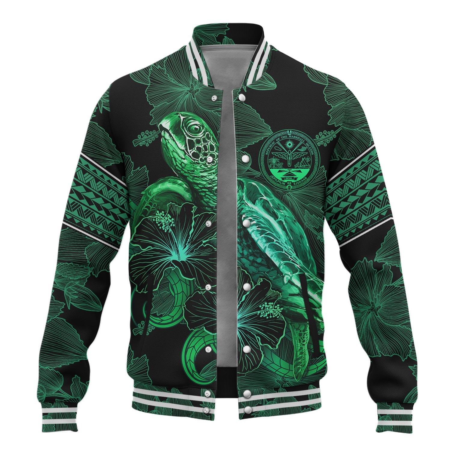 Marshall Islands Baseball Jacket  Sea Turtle With Blooming Hibiscus Flowers Tribal Green