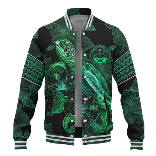 Marshall Islands Baseball Jacket  Sea Turtle With Blooming Hibiscus Flowers Tribal Green