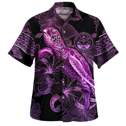 Nauru Hawaiian Shirt Sea Turtle With Blooming Hibiscus Flowers Tribal Purple
