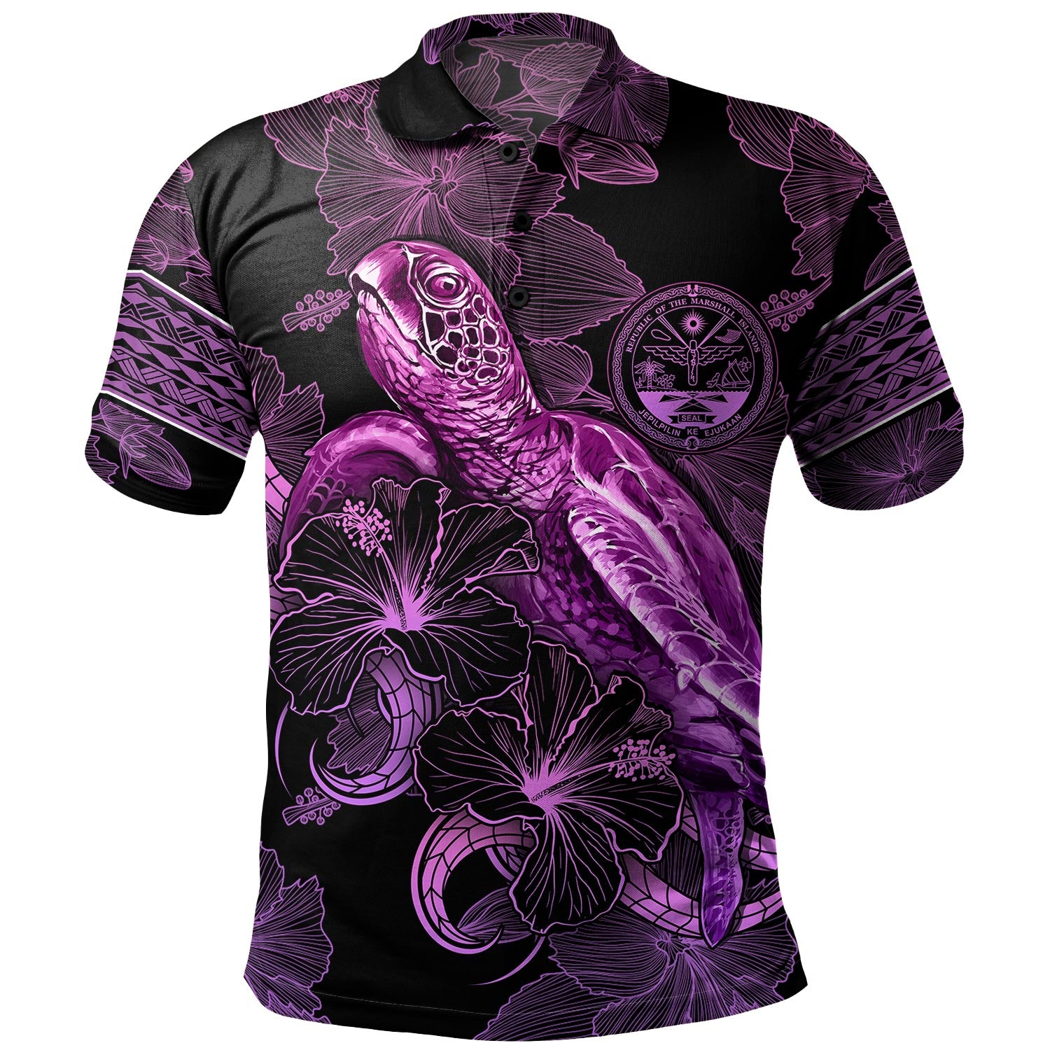 Marshall Islands Polo Shirt Sea Turtle With Blooming Hibiscus Flowers Tribal Purple