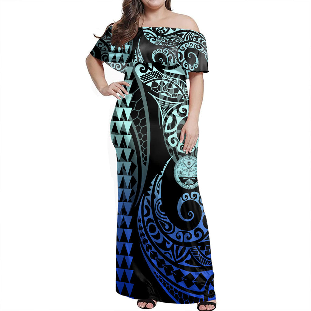 polynesian formal dress Marshall Islands Off Shoulder Long Kakau Style Gradient Blue Size:150 (L) X 50 (D) X 85 (H) Cms. lasting wear and ease unicorn party High Low Floral Formal