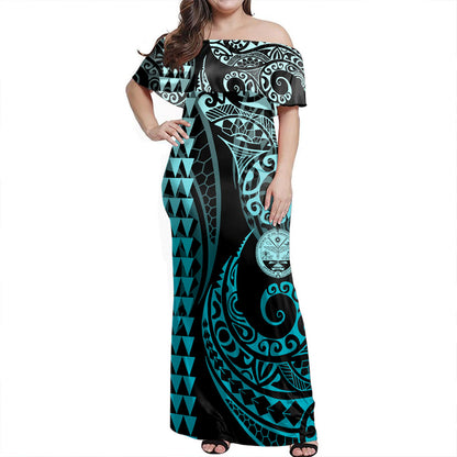 Marshall Islands Off Shoulder Long Dress Kakau Style Turquoise