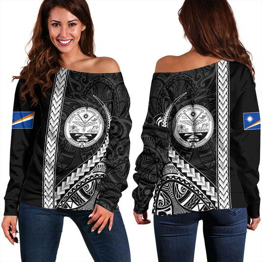 Marshall Islands Off Shoulder Sweatshirt Tribal Micronesian Coat Of Arms