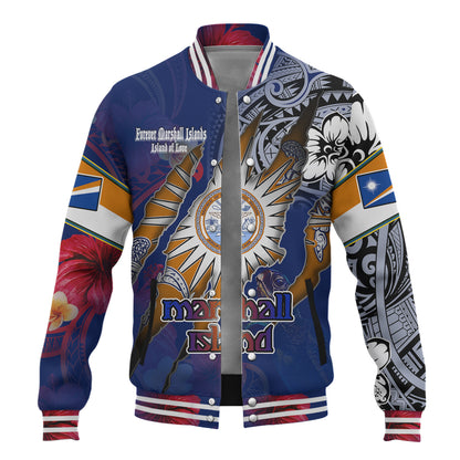 Marshall Islands Baseball Jacket Custom Marshallese Blood Inside Me Polynesian Sleeve Tattoo Tropical Blue