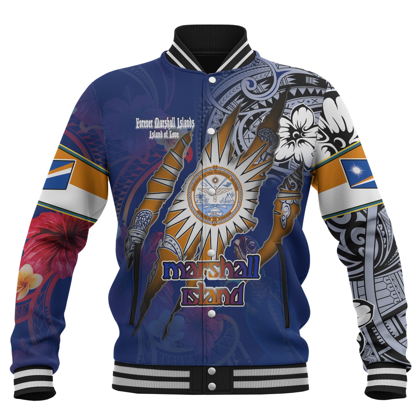 Marshall Islands Baseball Jacket Custom Marshallese Blood Inside Me Polynesian Sleeve Tattoo Tropical Blue