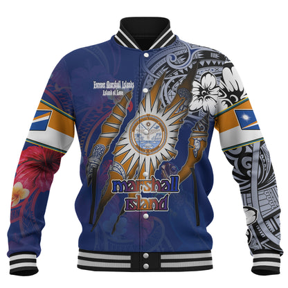 Marshall Islands Baseball Jacket Custom Marshallese Blood Inside Me Polynesian Sleeve Tattoo Tropical Blue