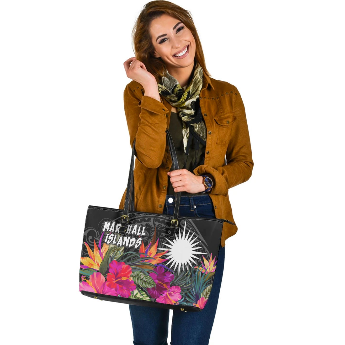 Marshall Islands Custom Personalised Leather Tote Polynesian Hibiscus Pattern