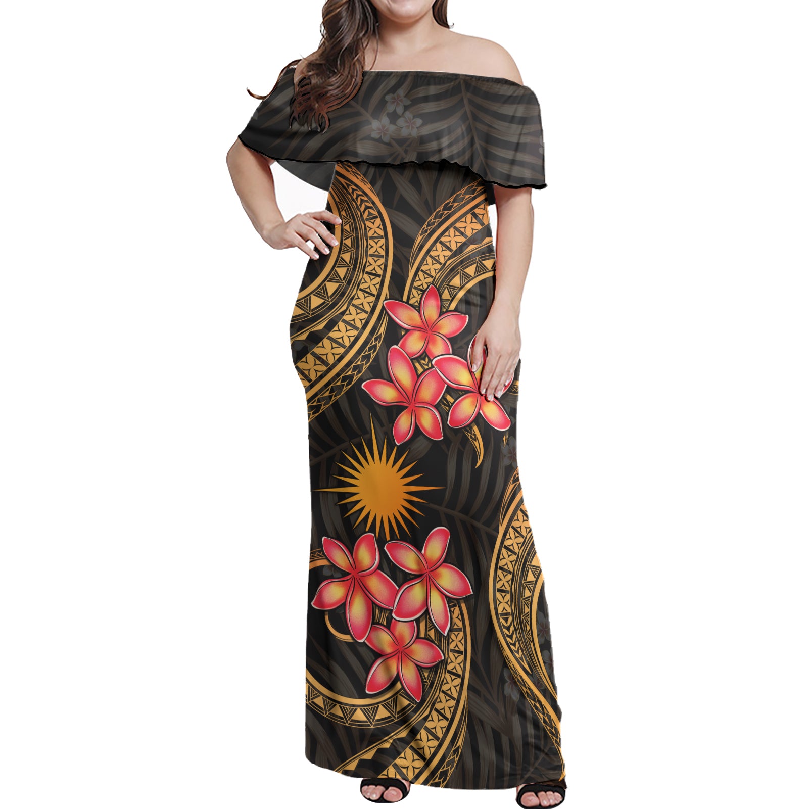 Marshall Islands Woman Off Shoulder Long Dress Polynesian Gold Plumeria
