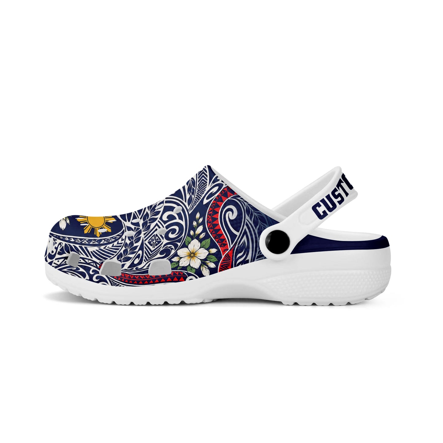 Philippines Filipinos Clogs Shoes Custom Text Polynesian Philippine Sun and Flower