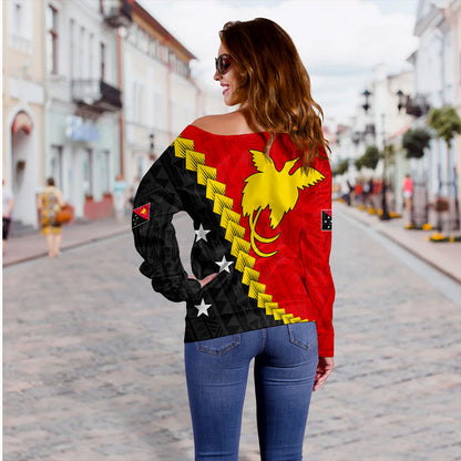 Papua New Guinea Off Shoulder Sweatshirt Melanesia With Flag Tribal Tattoo