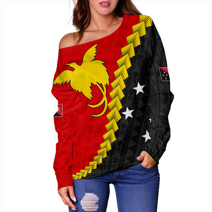 Papua New Guinea Off Shoulder Sweatshirt Melanesia With Flag Tribal Tattoo