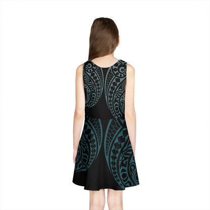 Federated States of Micronesia Girls Sleeveless Sundress Kakau Style Turquoise