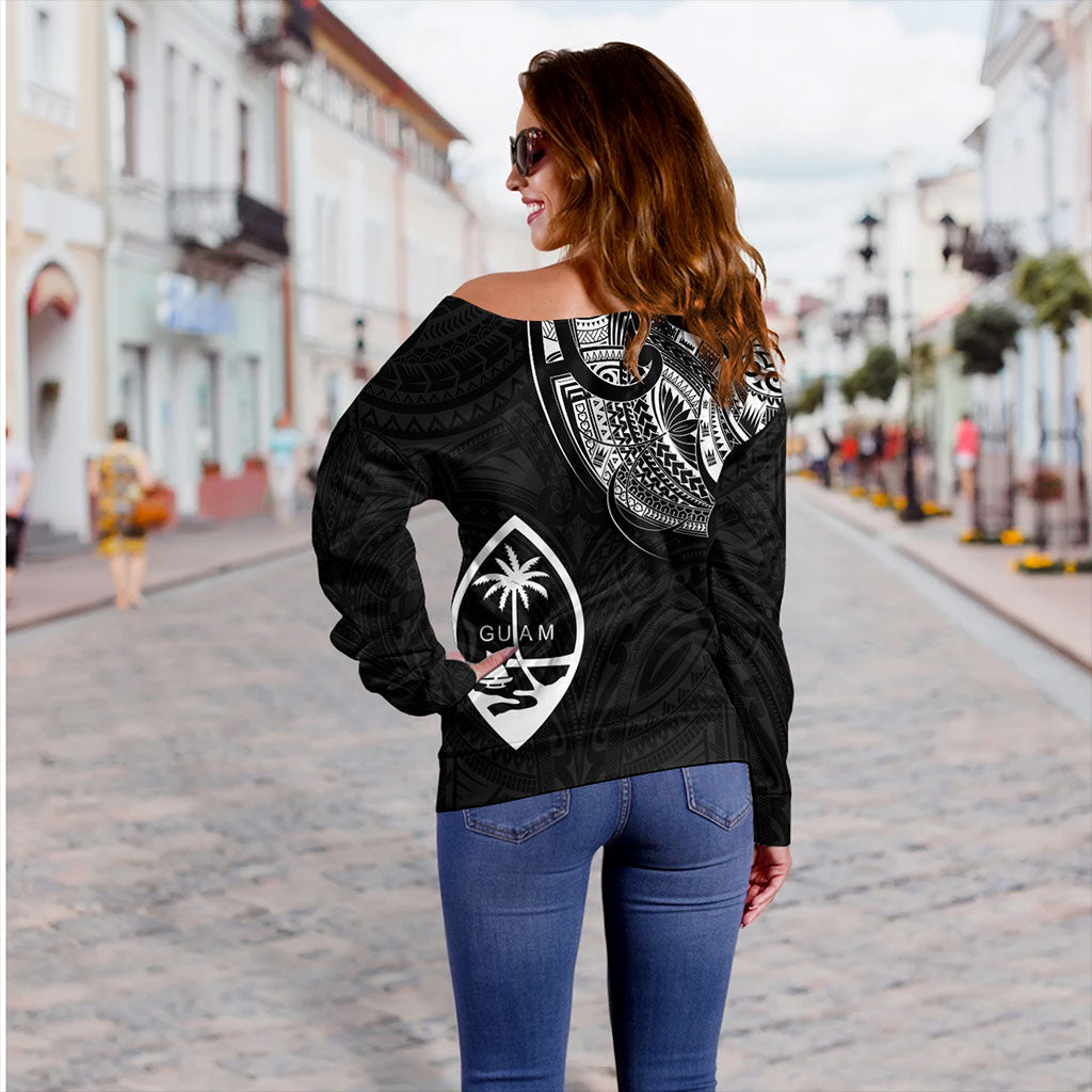 Guam Off Shoulder Sweatshirt Micronesia Tribal Coat Of Arms