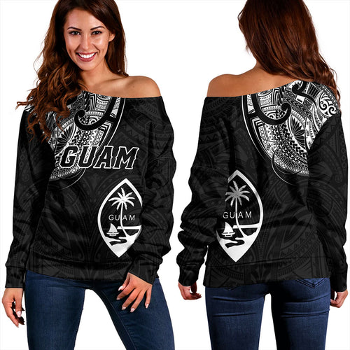 Guam Off Shoulder Sweatshirt Micronesia Tribal Coat Of Arms
