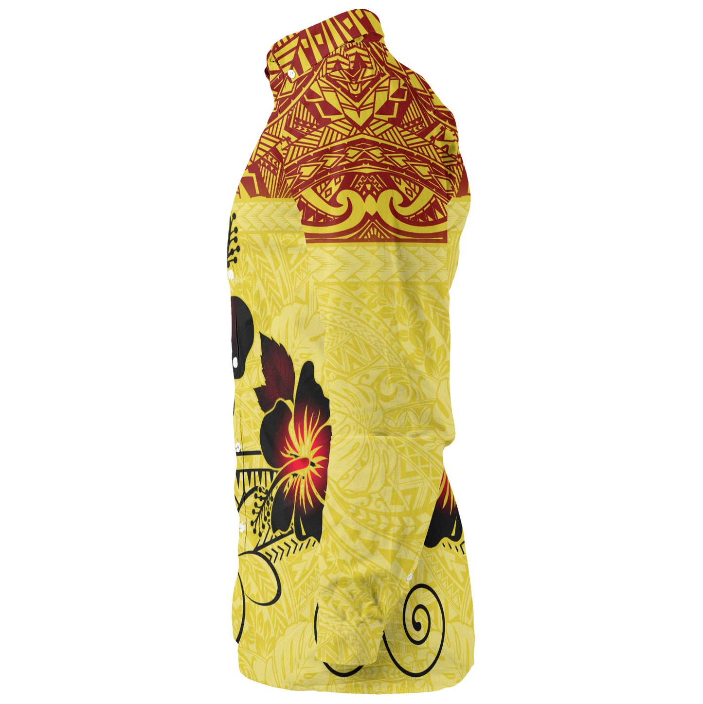 Hawaii Long Sleeve Shirt Polynesian Tribal Patterns Hibiscus Flowers Yellow Color