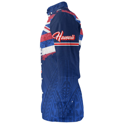 Hawaii Long Sleeve Shirt Hawaii Flag Blue Color Polynesian Patterns Grunge Style