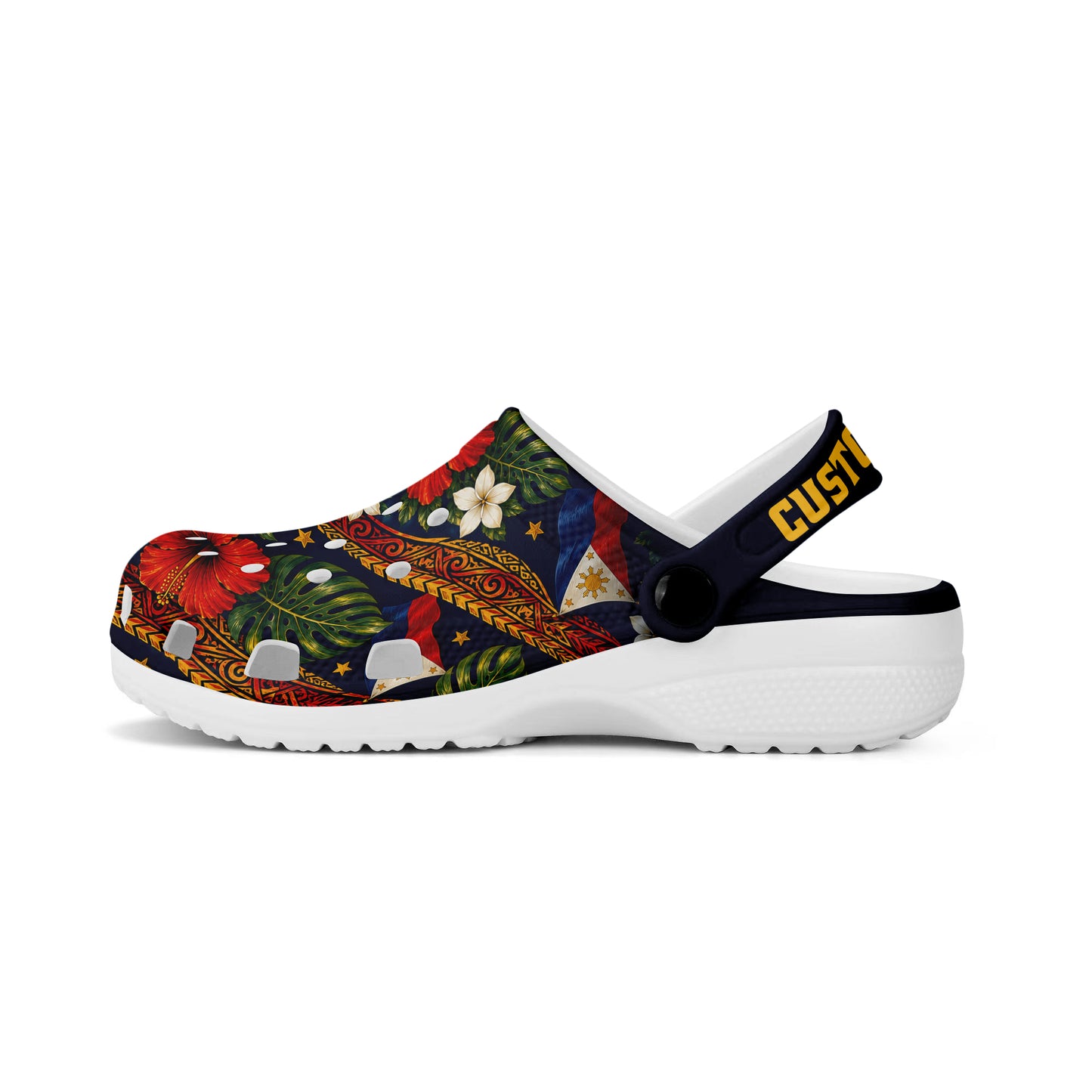 Philippines Filipinos Clogs Shoes Custom Text Sampaguita Hibiscus And Flag