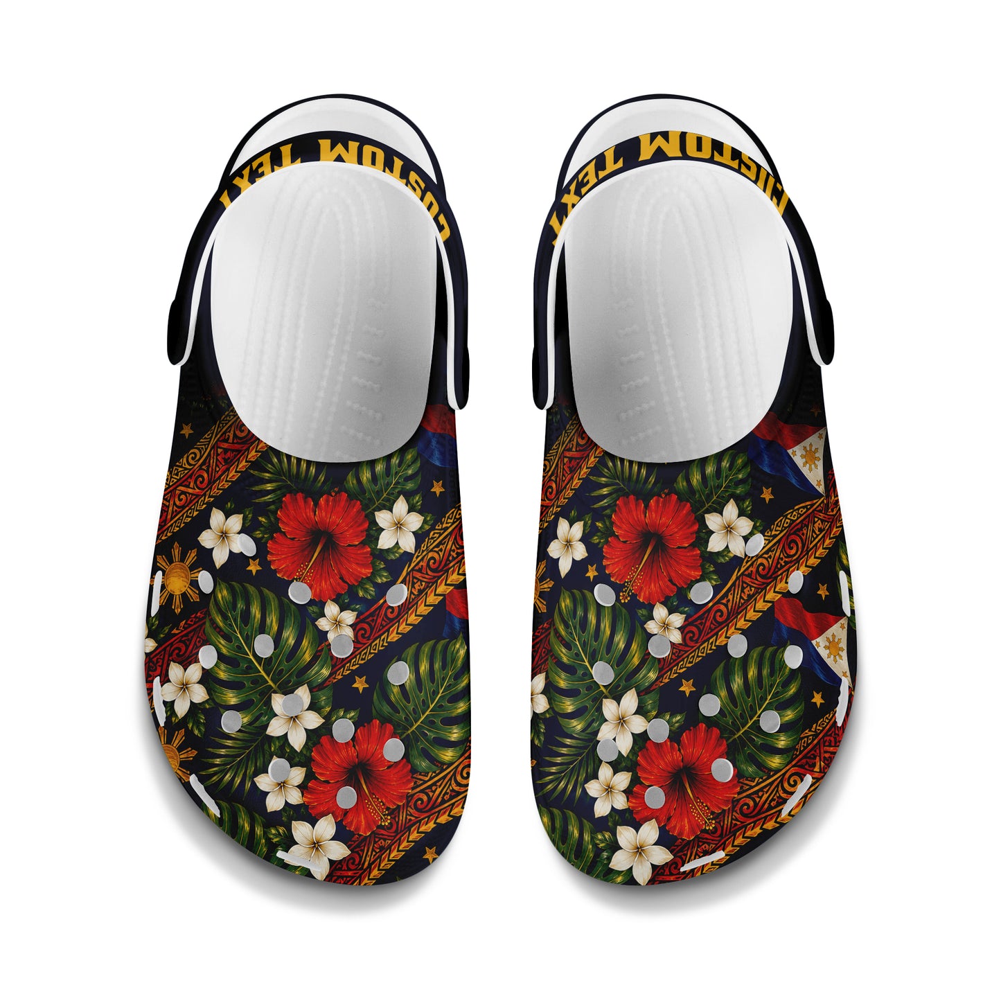 Philippines Filipinos Clogs Shoes Custom Text Sampaguita Hibiscus And Flag