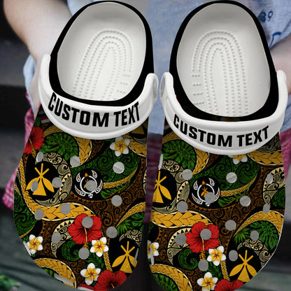 Hawaii Clogs Shoes Custom Text Kanaka Maoli Flag Floral Tribal Style