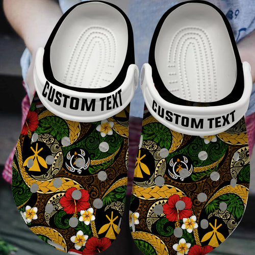 Hawaii Clogs Shoes Custom Text Kanaka Maoli Flag Floral Tribal Style