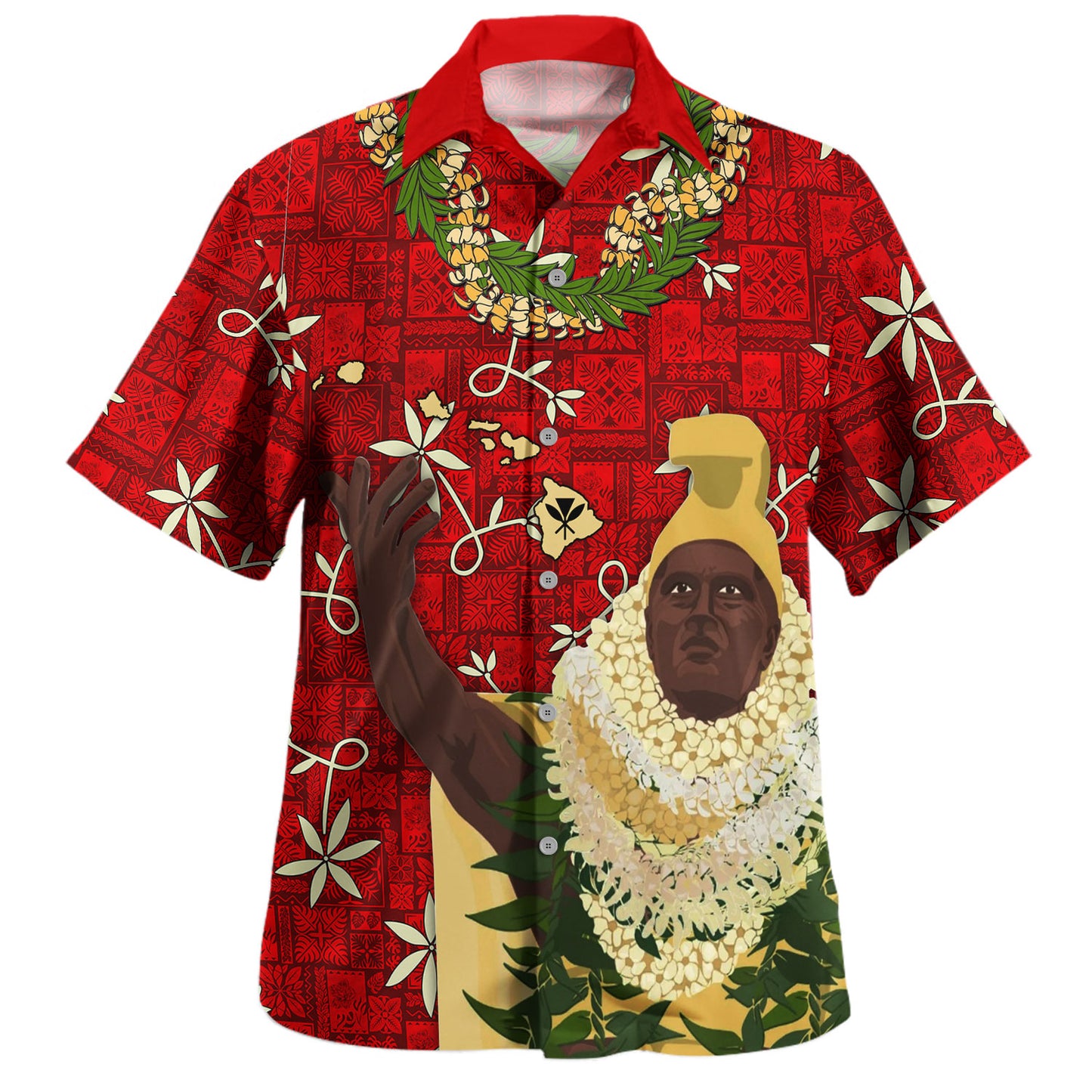 Hawaii Hawaiian Shirt Puakenikeni And Maile lei King Kamehameha Elvis Red Aloha
