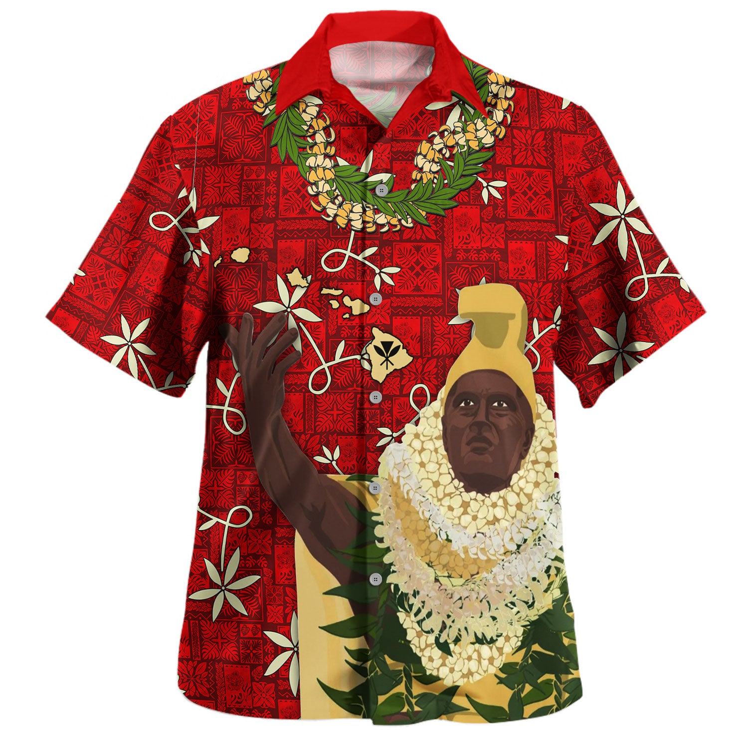 Hawaii Hawaiian Shirt Puakenikeni And Maile lei King Kamehameha Elvis Red Aloha