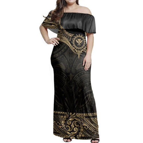 Hawaii  Woman Off Shoulder Long Dress Polynesia Tribal Tattoo