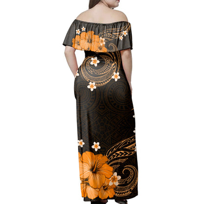 Hawaii  Woman Off Shoulder Long Dress Shark Polynesia Tribal Tattoo