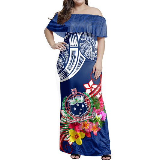 Samoa Off Shoulder Long Dress Polynesian Tribal Tattoo Tropical