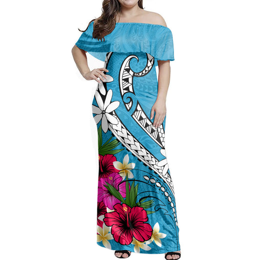 Polynesian Woman Off Shoulder Long Dress Tribal Polynesia Tropical Summer