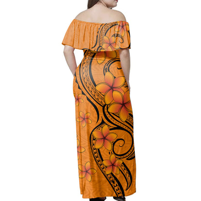 Hawaii Woman Off Shoulder Long Dress Tribal Tattoo Polynesia Plumeria Flower