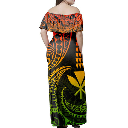 Hawaii  Woman Off Shoulder Long Dress Kanaka Polynesian Tribal Wave Kakau Style