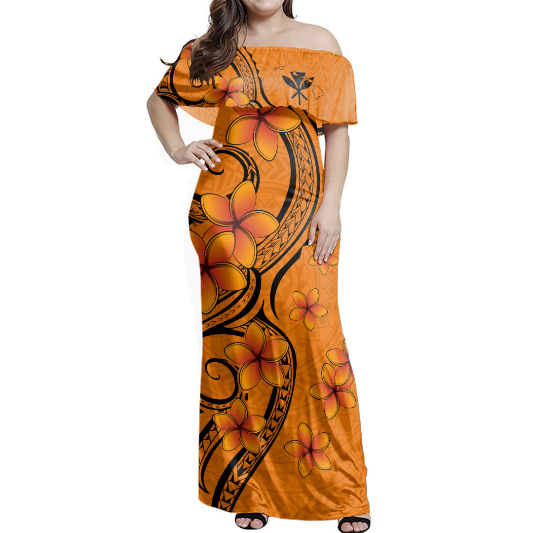 Hawaii Woman Off Shoulder Long Dress Tribal Tattoo Polynesia Plumeria Flower