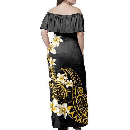 Hawaii  Woman Off Shoulder Long Dress Tribal Tattoo Plumeria Flower