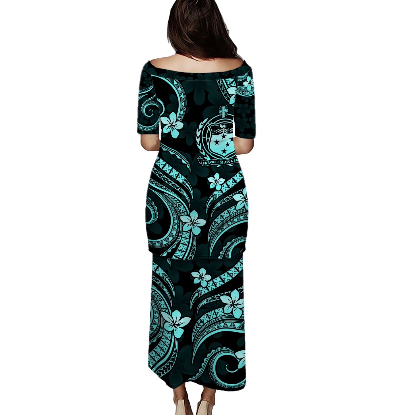 Samoa Combo Puletasi And Shirt Turquoise Island Crest Floral Style