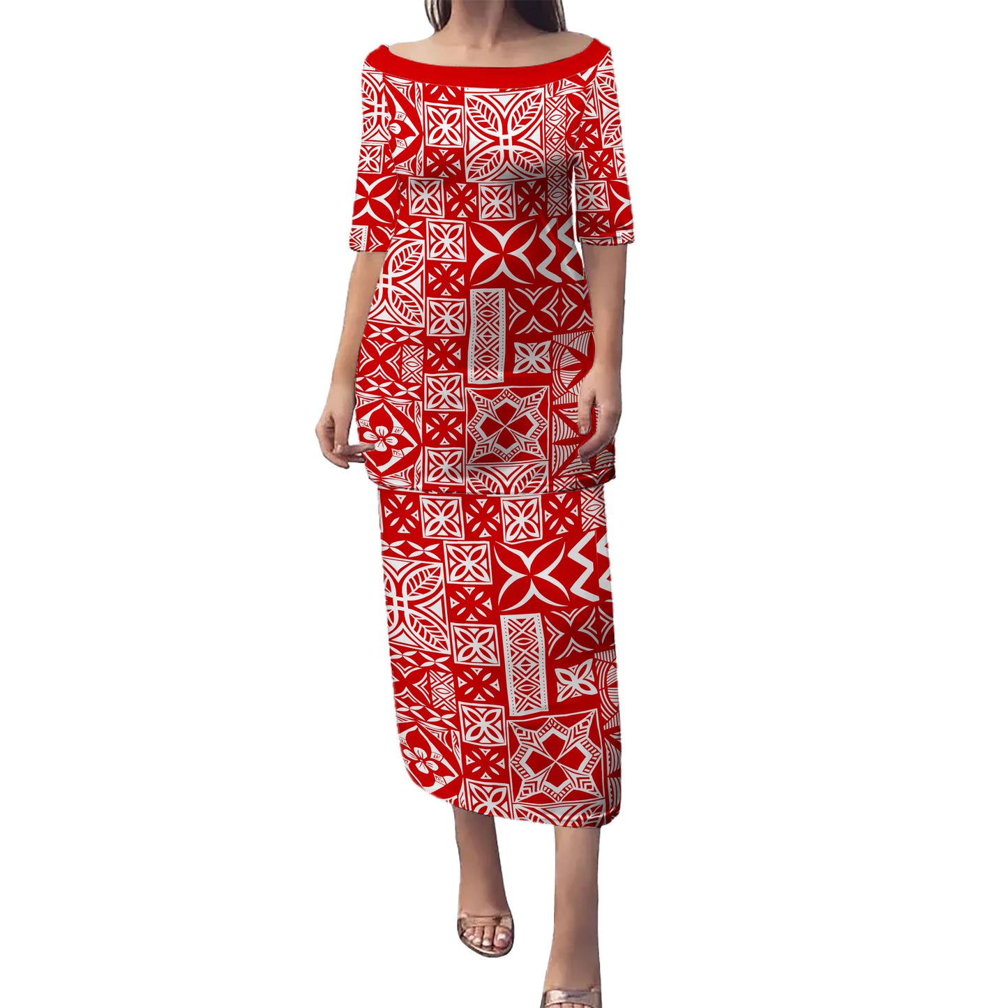 Samoa Combo Puletasi And Shirt Tapa Design Dobby Fabric Red