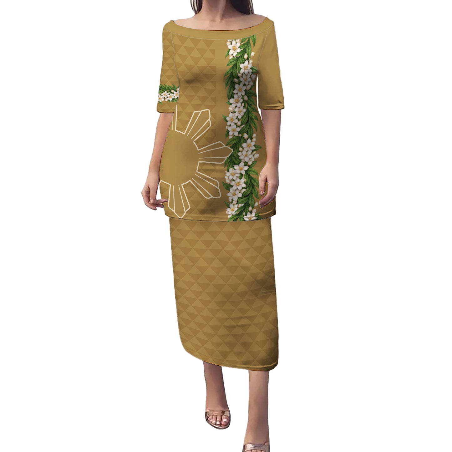 Philippines Filipinos Combo Puletasi And Shirt Sampaguita Flower Sun Pattern Island Style