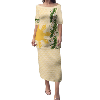 Philippines Filipinos Combo Puletasi And Shirt Sampaguita Flower Sun Pattern Island Style