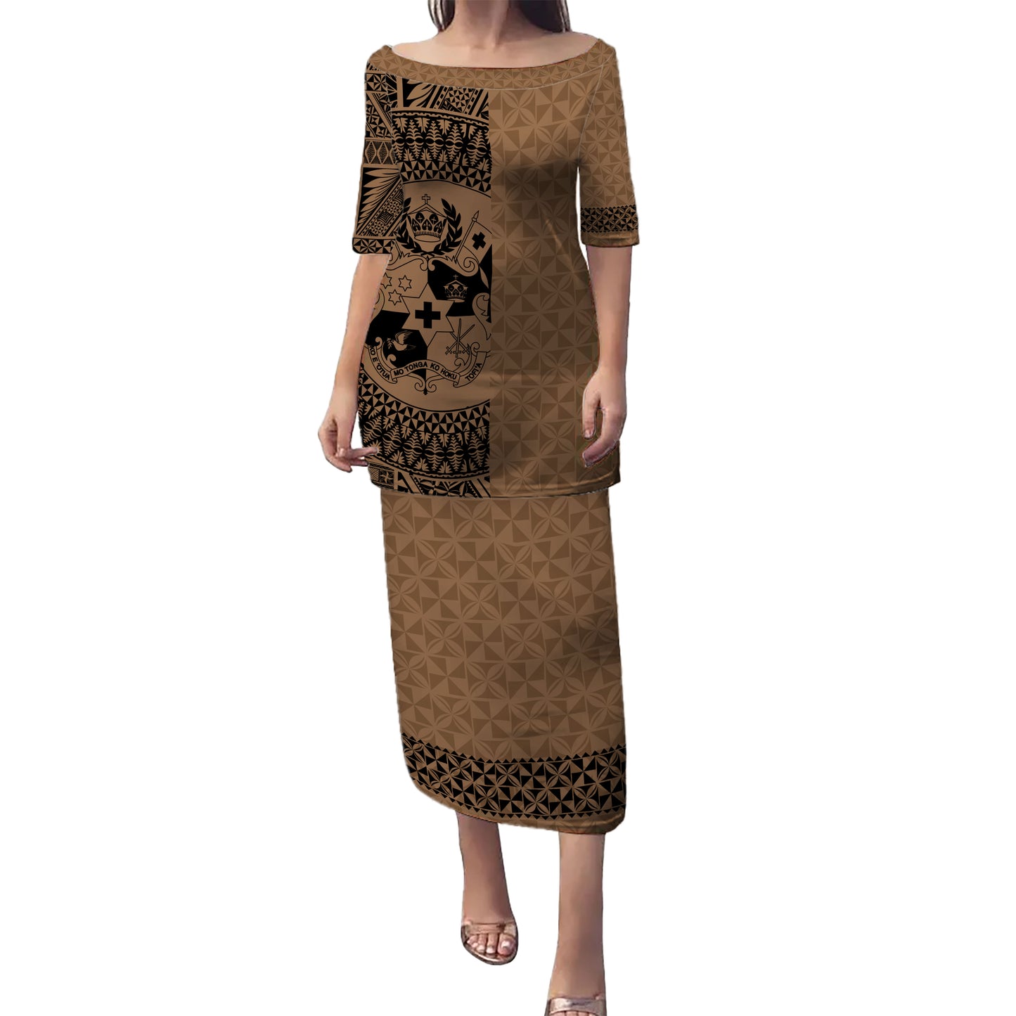 Tonga Combo Puletasi And Shirt Coat Of Arms Ngatu Tapa Heritage Style