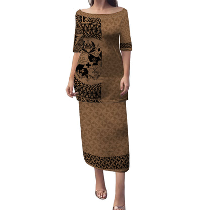 Tonga Combo Puletasi And Shirt Coat Of Arms Ngatu Tapa Heritage Style
