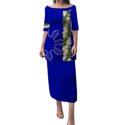 Philippines Filipinos Combo Puletasi And Shirt Sampaguita Flower Sun Pattern Island Style