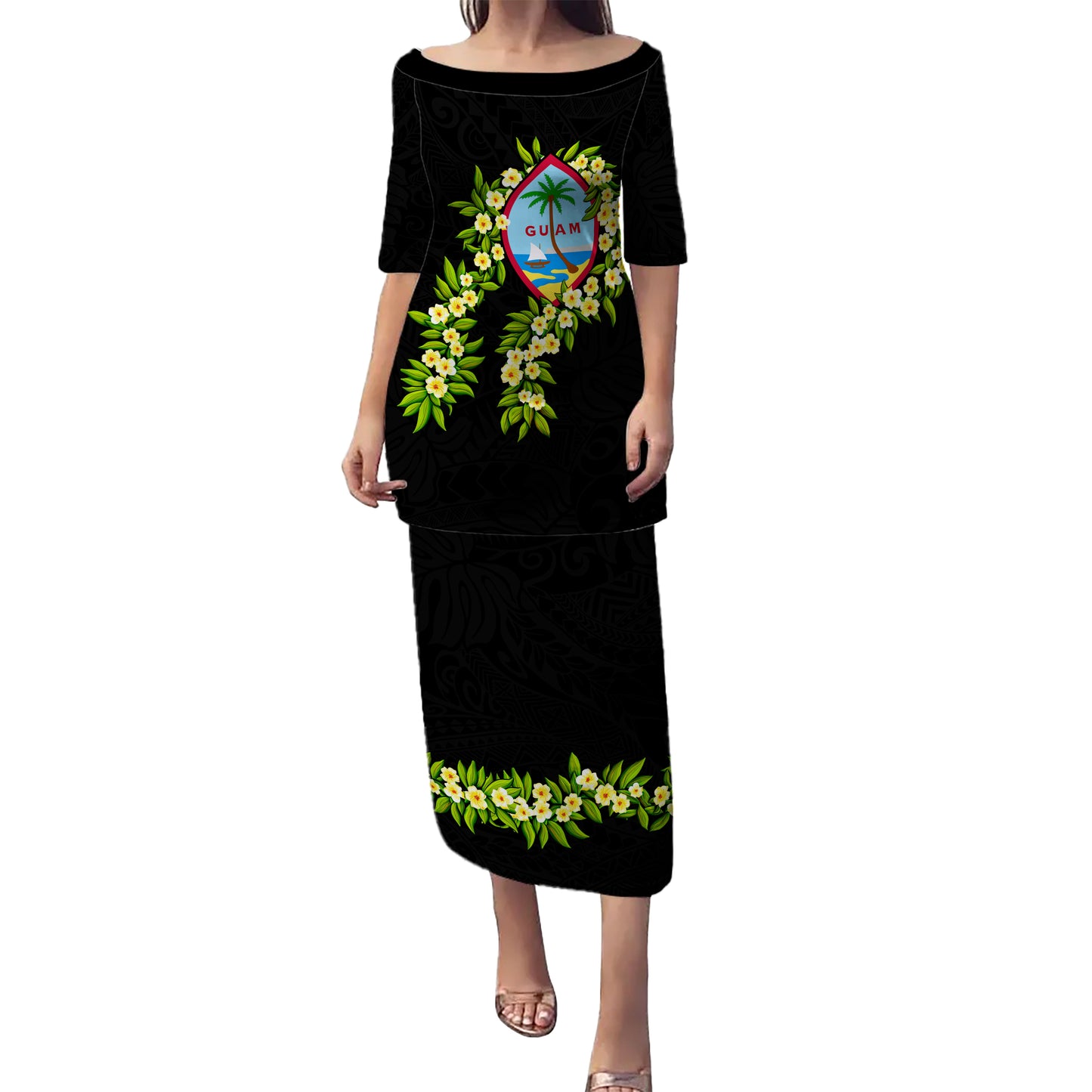 Guam Combo Puletasi And Shirt Tribal Leaf Ti Leaf Lei