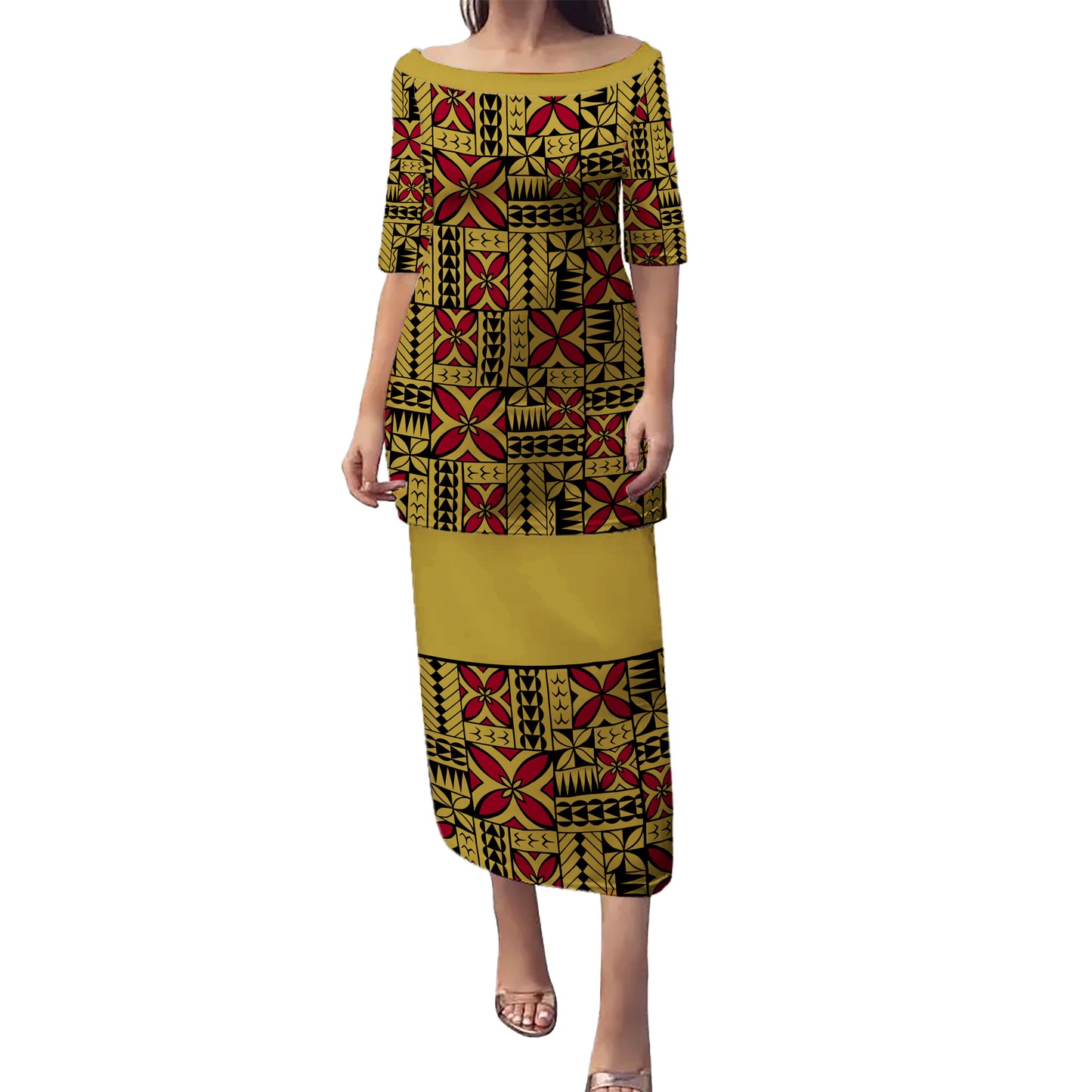 Samoa Puletasi Siapo Design Tribal Pattern Yellow