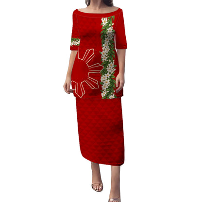Philippines Filipinos Combo Puletasi And Shirt Sampaguita Flower Sun Pattern Island Style