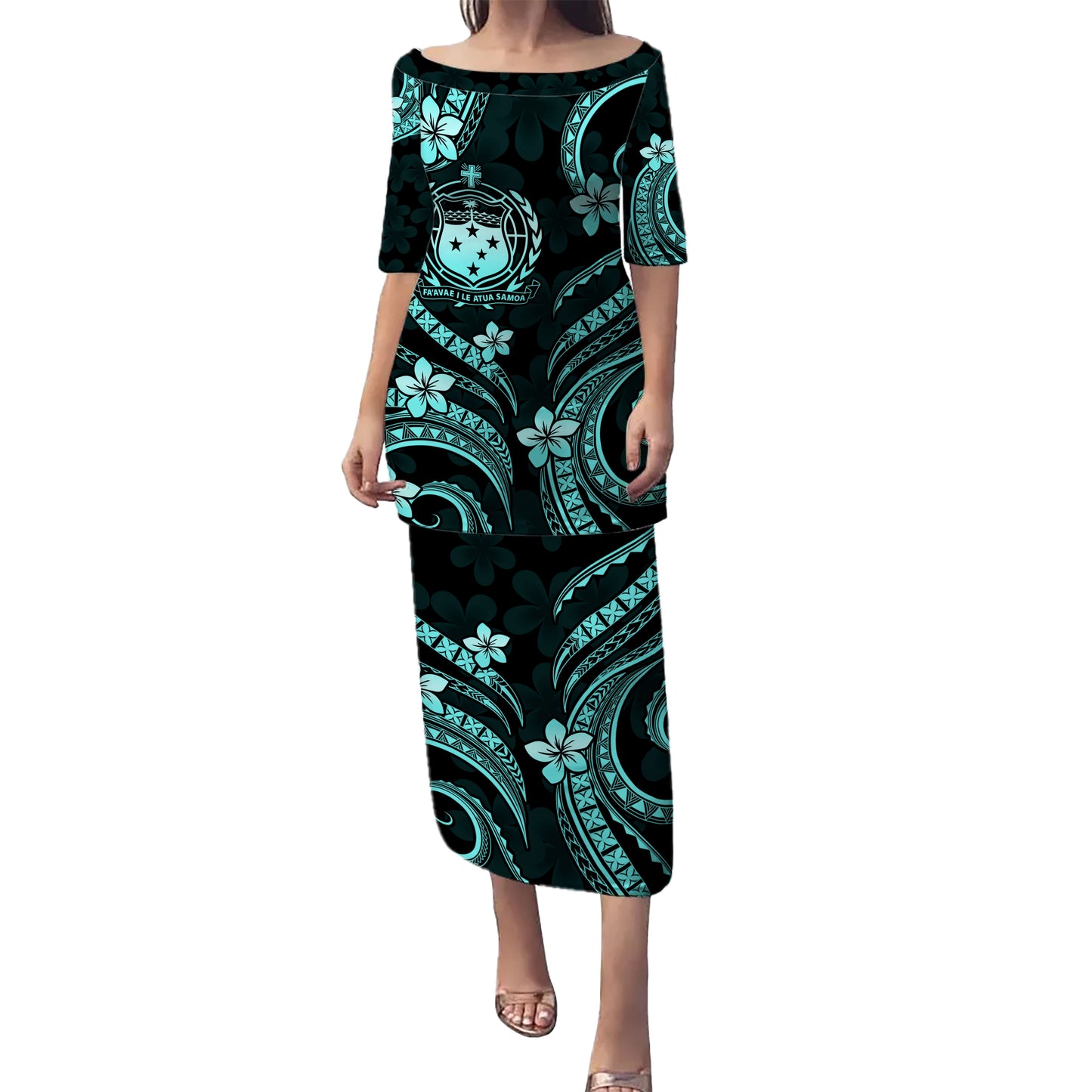 Samoa Combo Puletasi And Shirt Turquoise Island Crest Floral Style